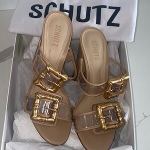 New! SCHUTZ Women's Tan Heels with Gold‎ Buckles - Size 10B